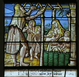 Window depicting Adam building a House and Eve bringing up Children